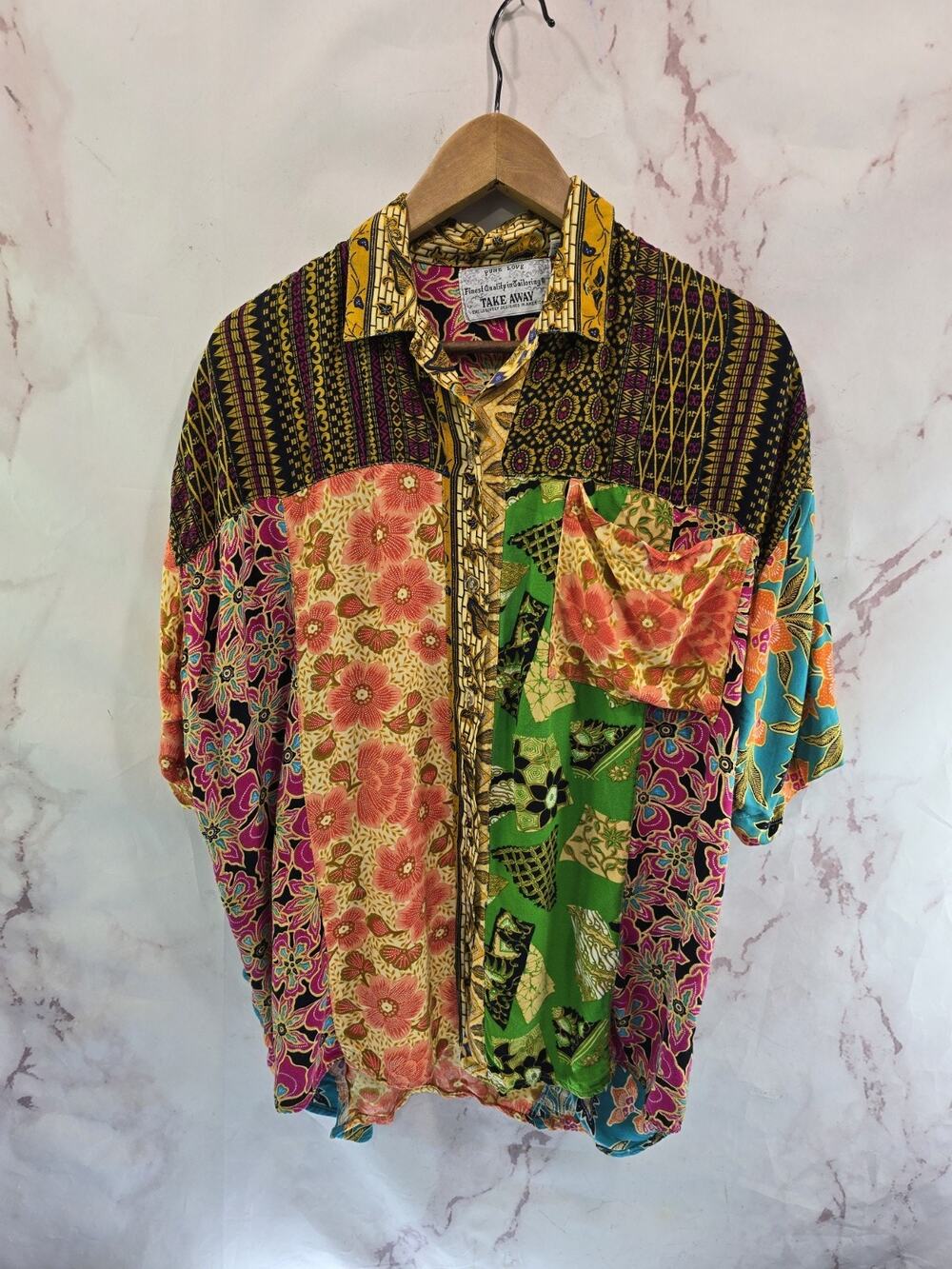 Vintage Shirt Mens Medium Rayon Blue Yellow Button Up Camp Short Sleeve Floral